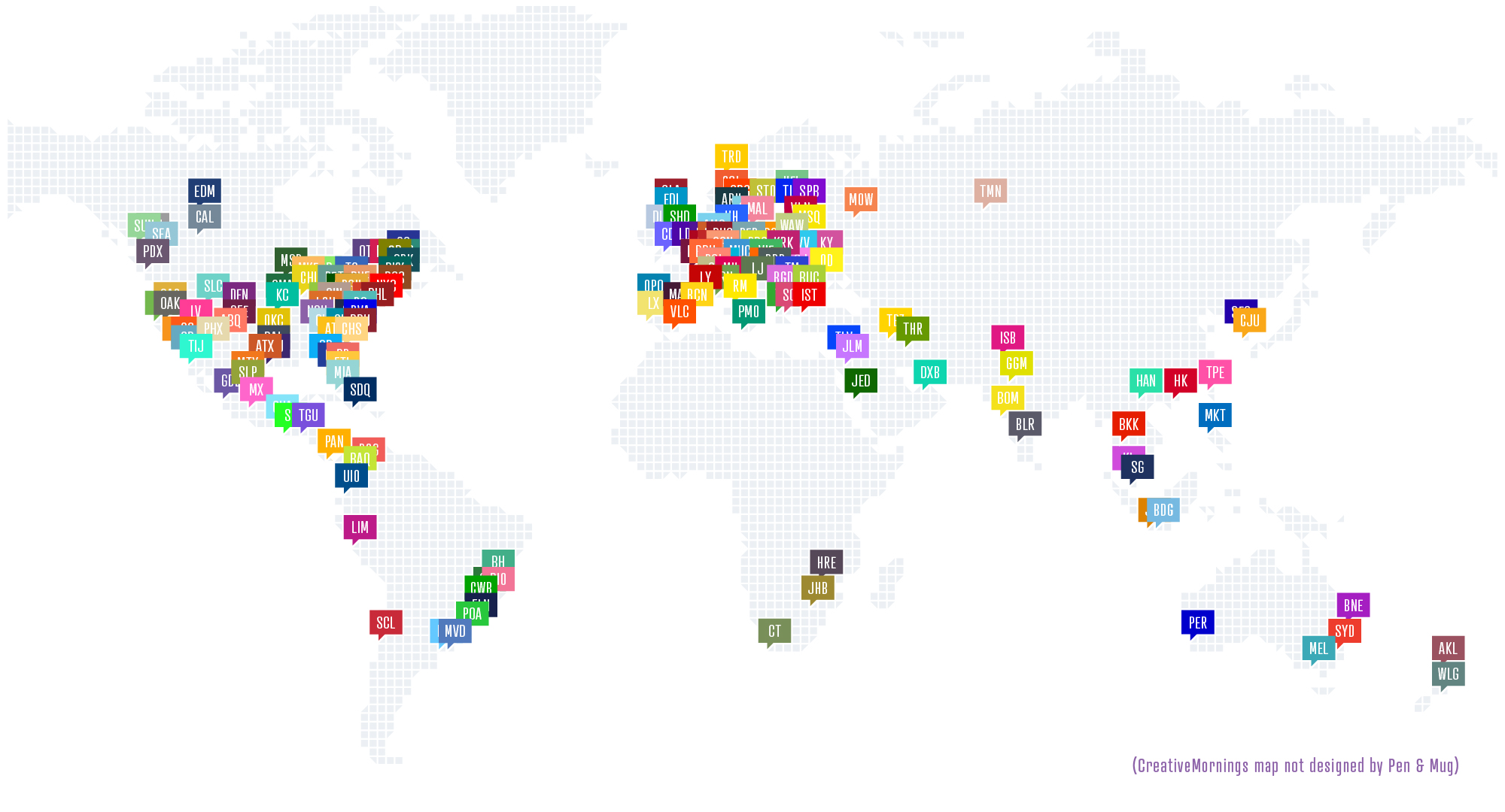 Map of the globe with pins in all 200+ CreativeMornings chapter locations