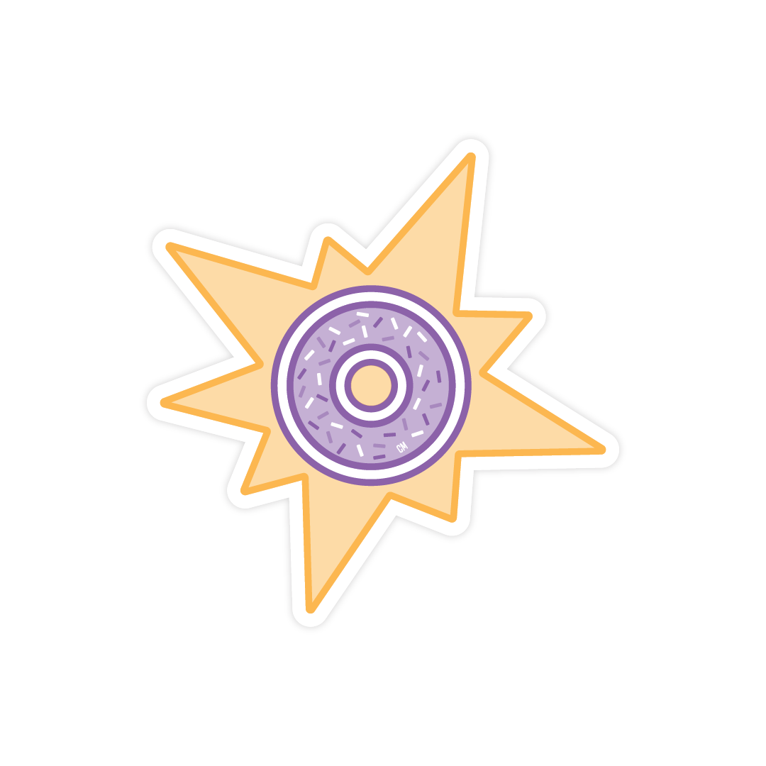 creativemornings sticker of a donut with sun rays