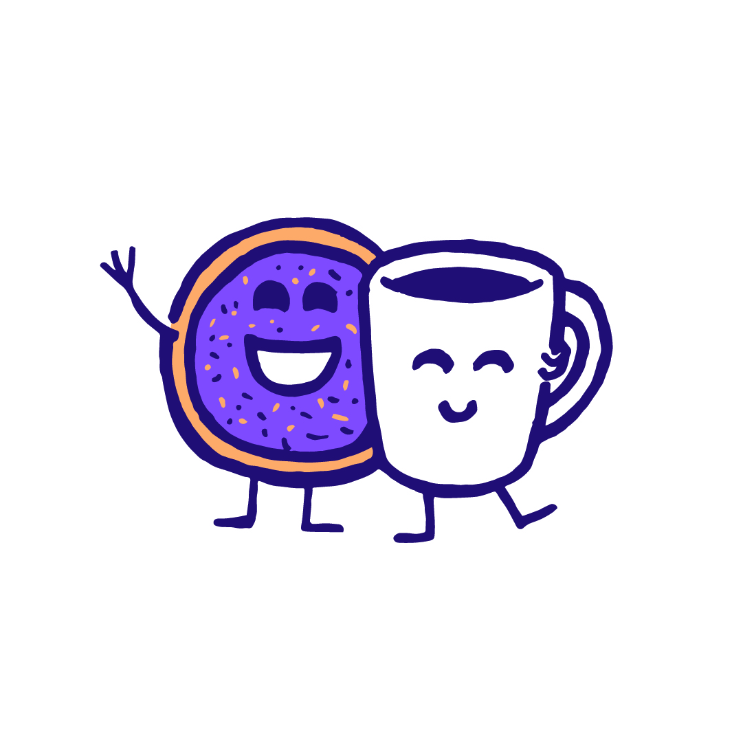 smiling mug and donut characters with their arms around each other
